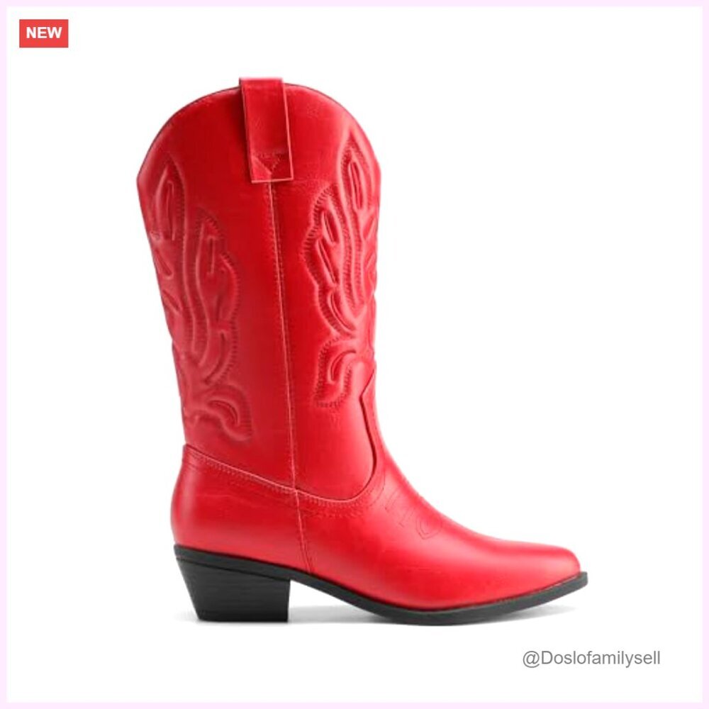 Women's Mid Calf Cowboy Boots with Embroidery Stitching, 1.37-Inch Heel - Picture 4 of 7